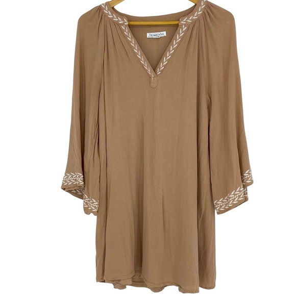 Loveriche camel brown southwest boho v-neck bell sleeve tunic dress wms medium - Picture 1 of 11
